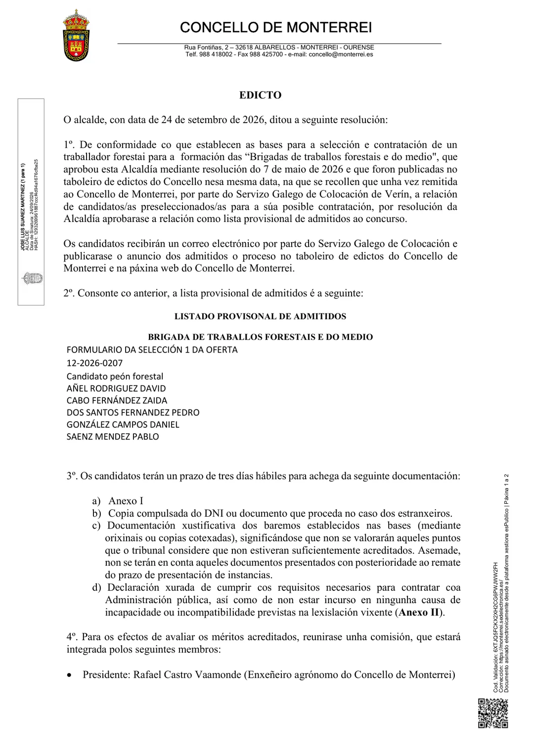 Edicto do Concello de Monterrei do 24 de setembro de 2026. Lista provisional de admitidos, páxina 1