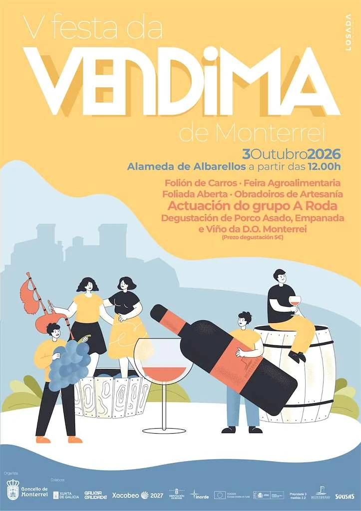 Cartel da V Festa da Vendima de Monterrei, 3 de outubro de 2026 na Alameda de Albarellos a partir das 12:00 h