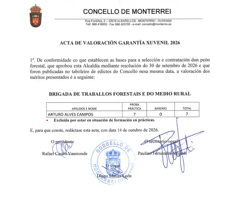 Acta de valoración Garantía Xuvenil 2026 do Concello de Monterrei, do 14 de outubro de 2026