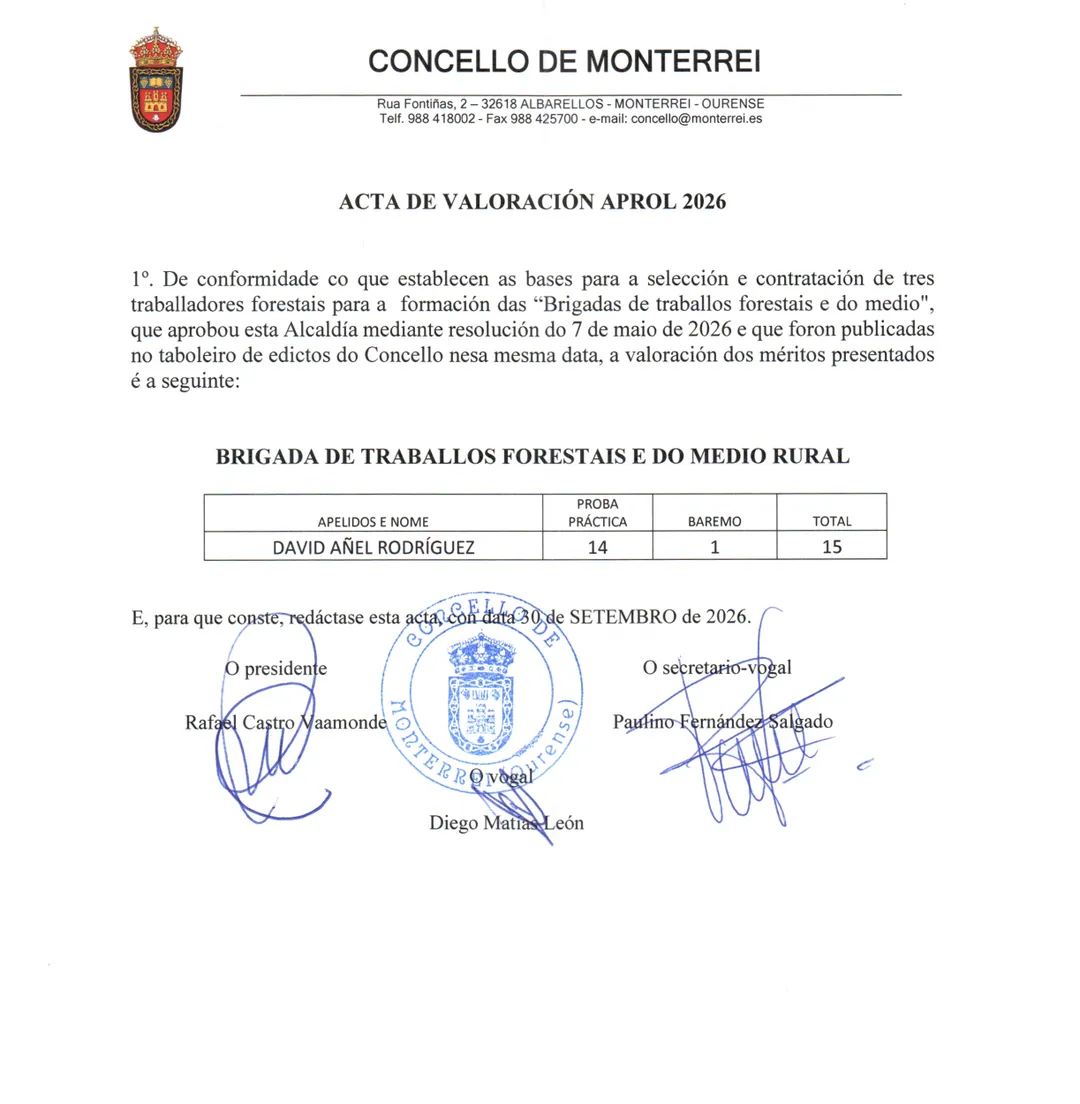 Acta de valoración APROL 2026 do Concello de Monterrei, do 30 de setembro de 2026